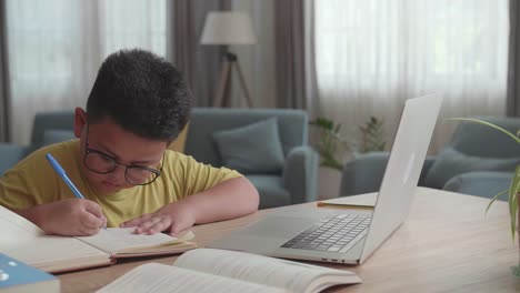 asian little boy study from home. child use laptop makes notes