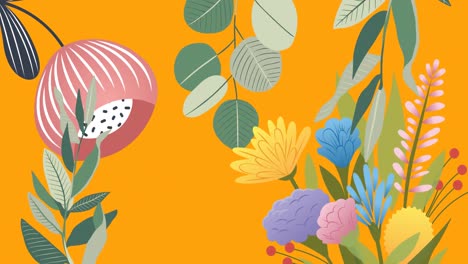 Animation-Von-Blumen,-Die-Sich-In-Hypnotischer-Bewegung-Auf-Orangefarbenem-Hintergrund-Bewegen