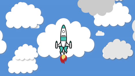 animation of spaceship rocket taking off with cut outs of white clouds