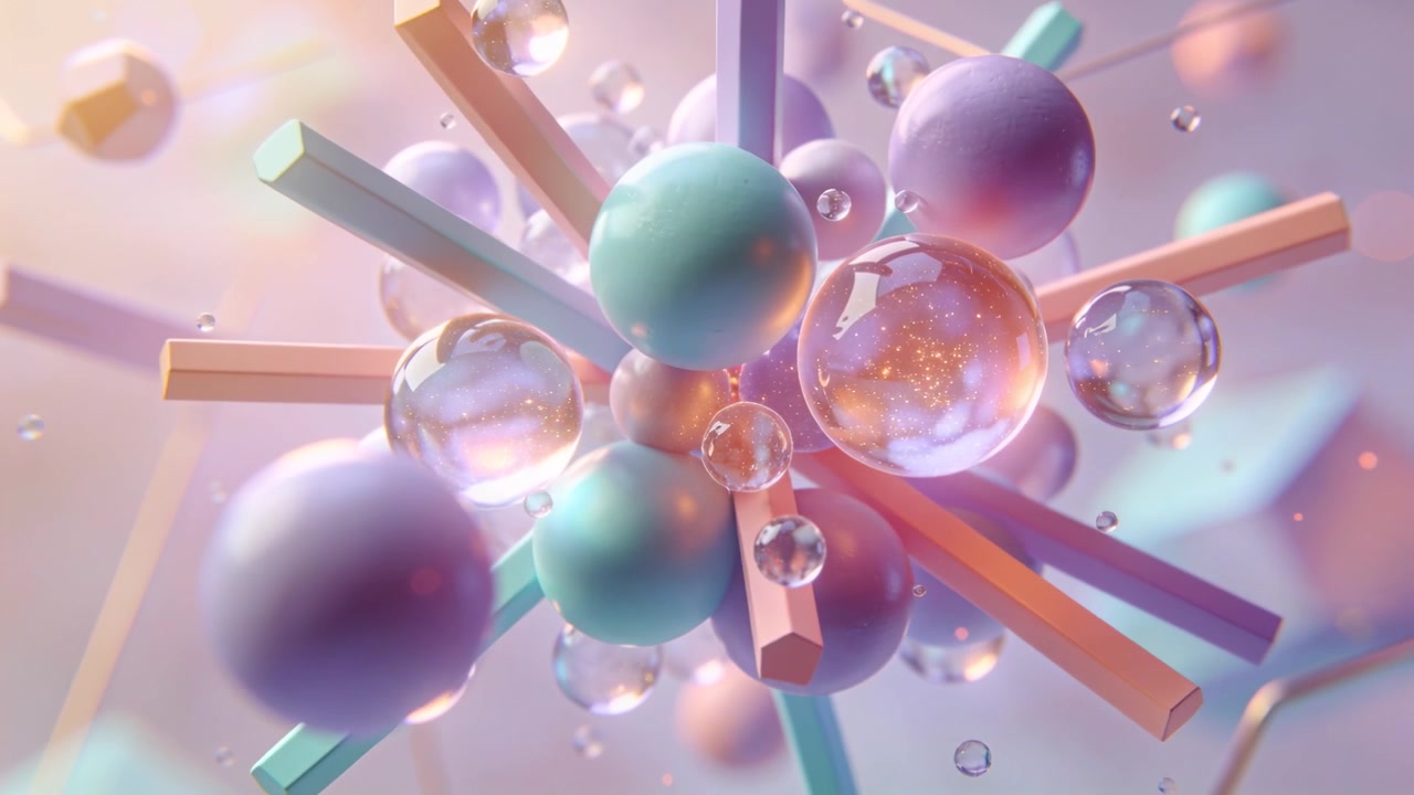 Approaching camera revealing central cluster in studio to show sparkling orb, matte spheres, rods