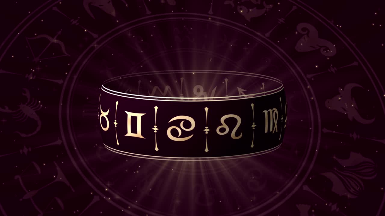 Horoscope wheel, zodiac circle on the dark background with glowing particles