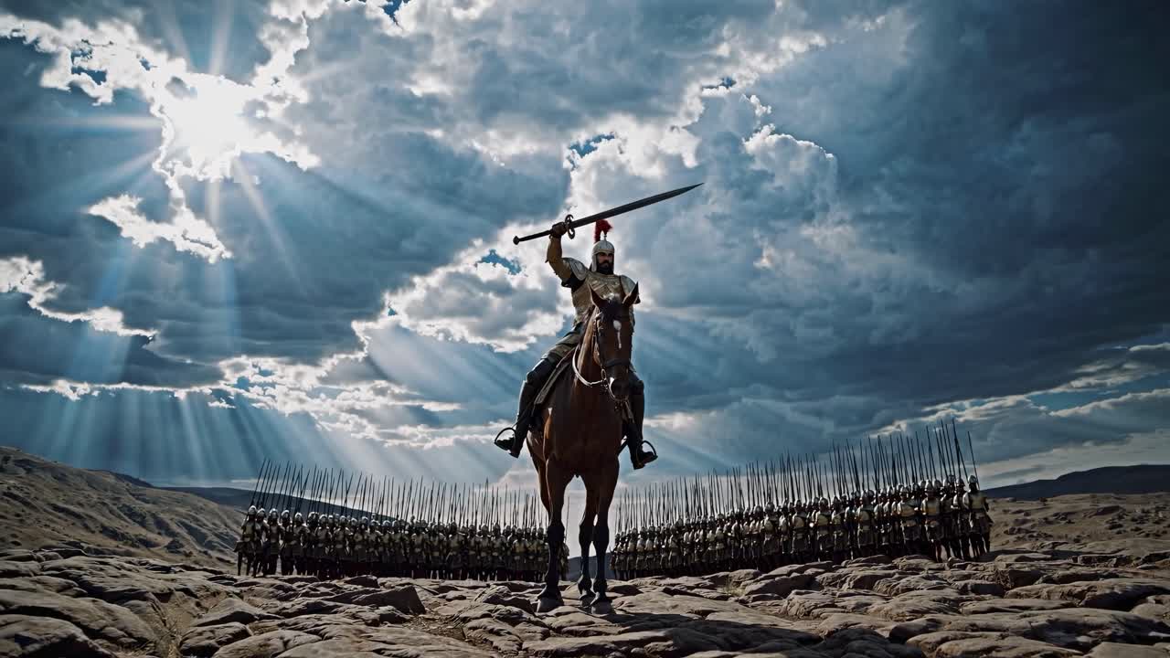Epic medieval scene with a knight on horseback, sword raised, shot from a low angle