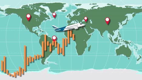 animation of airplanes flying over a world map with rising bar graphs, symbolizing global economic growth and connectivity