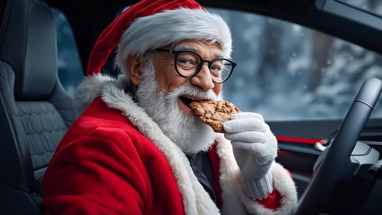A man in a santa claus outfit holding a cookie in his hand while driving a car