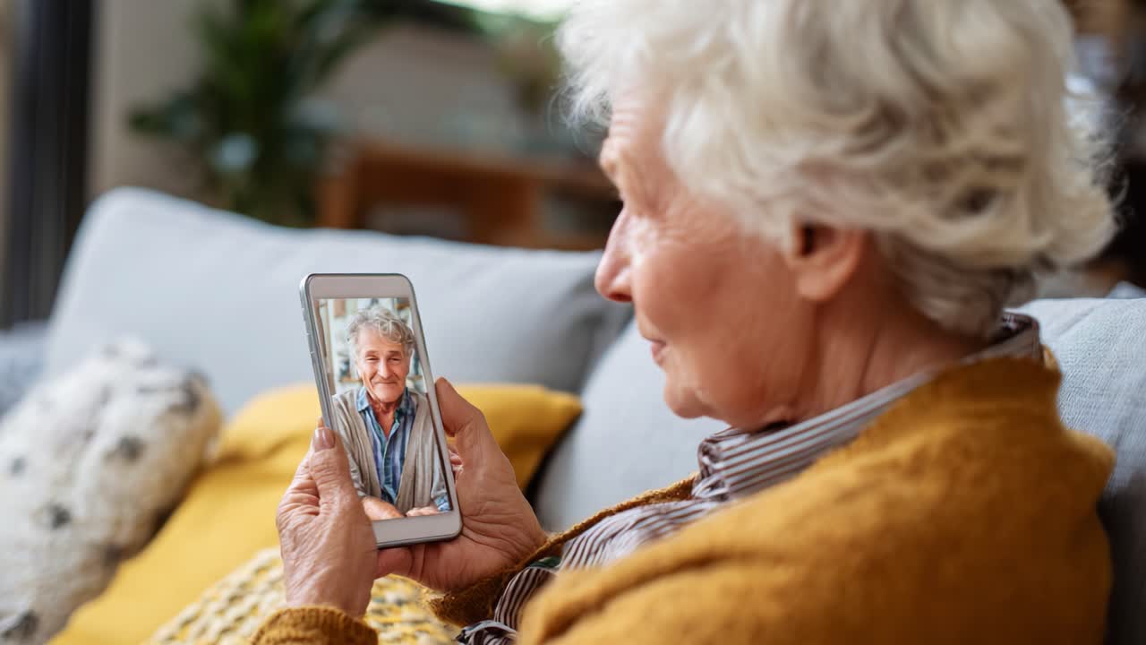 An elderly woman happily engaged in a video call on her smartphone, showcasing the joy of digital connection with loved ones while seated comfortably at home