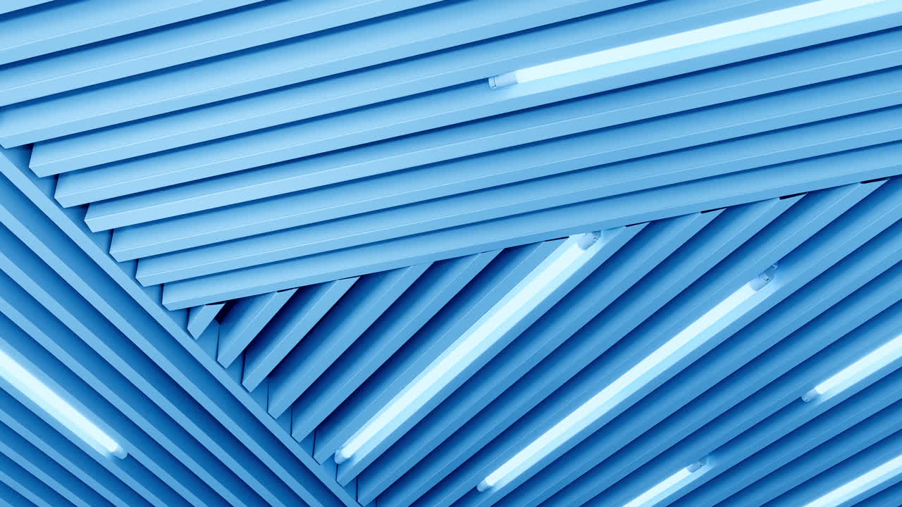 Switched on led lamps among the panels on the ceiling in diverse directions. View from below.