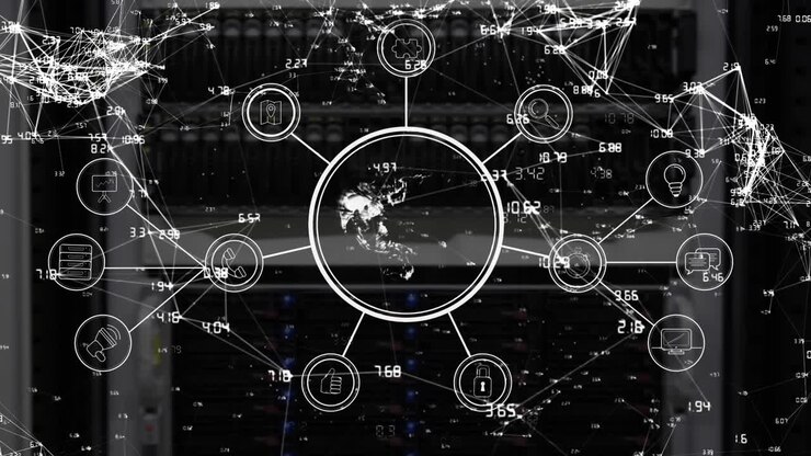 Animation of network of connections with numbers and icons over globe