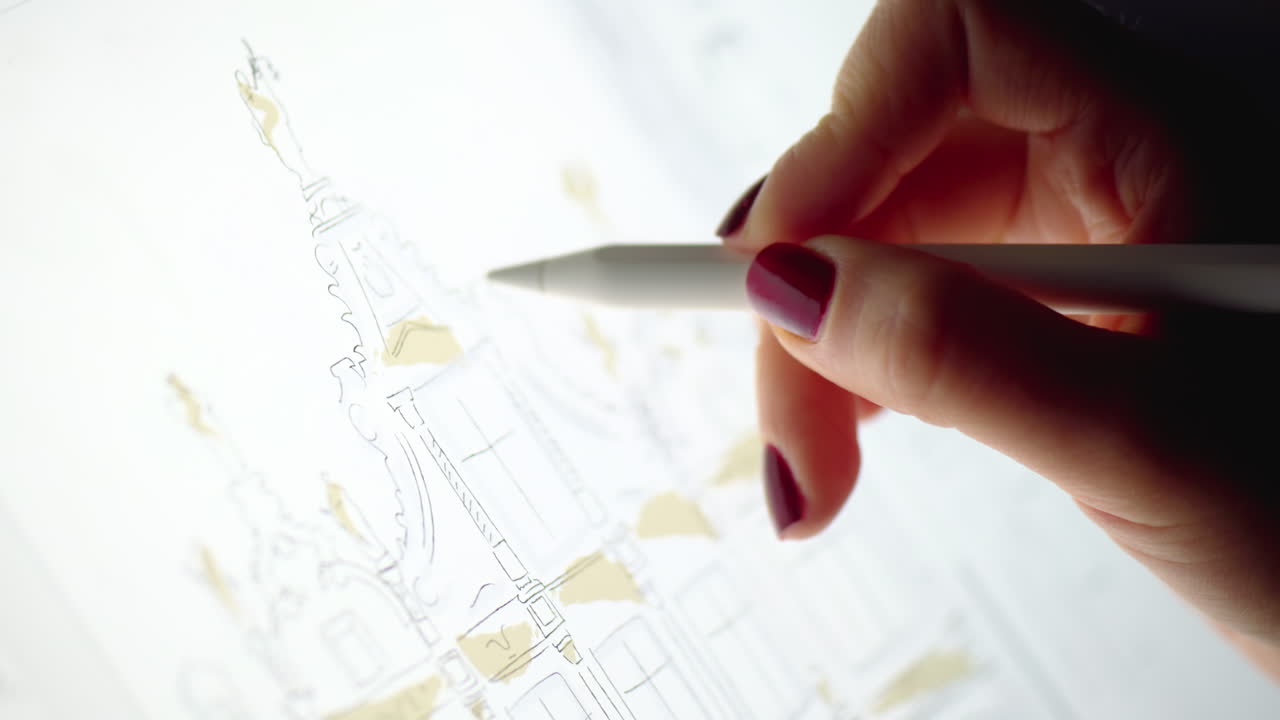 Close up of a woman sketching on a tablet with a stylus pen