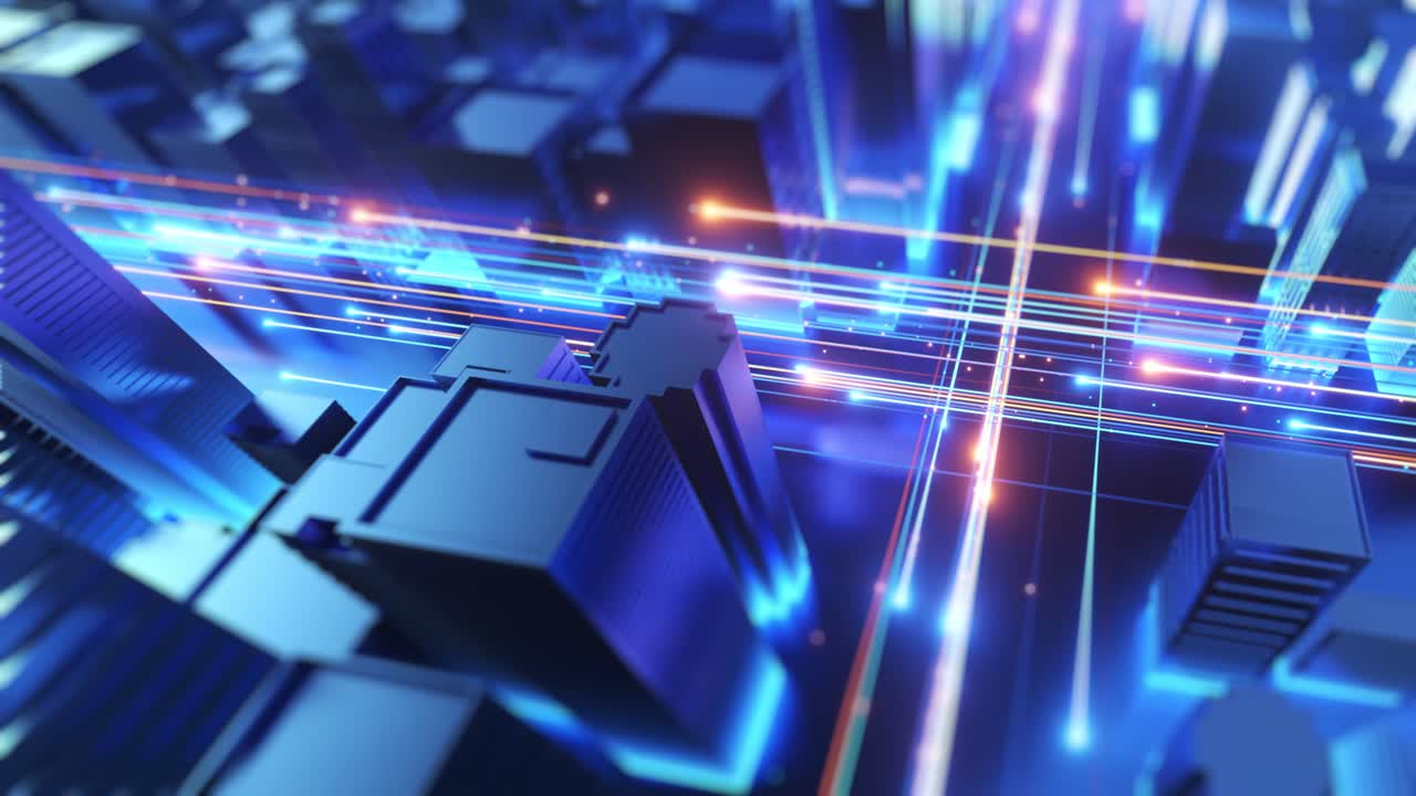 Cityscape With Glowing Data Lines, big data , speed internet ,blue colour, macro top view , orange and blue stream lines