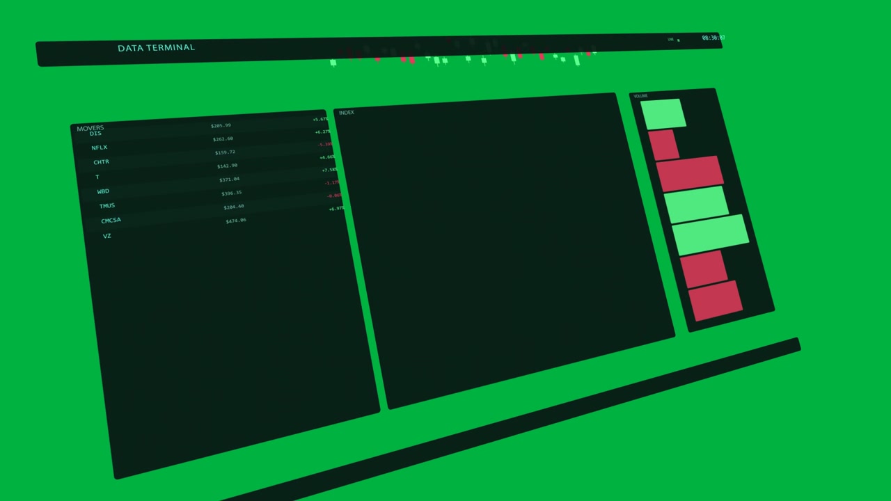 Angled starting 3D UI rotating and panning, revealing panels on transparent bg for compositing