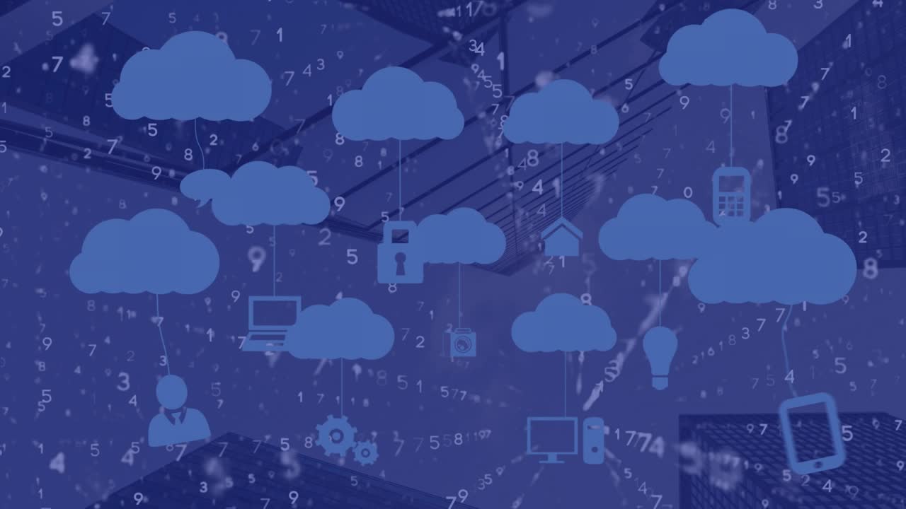 Animation of data processing and clouds icons over cityscape