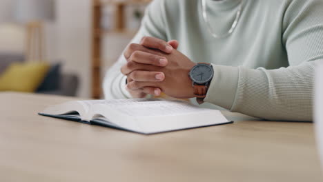 closeup, bible and hands with man praying