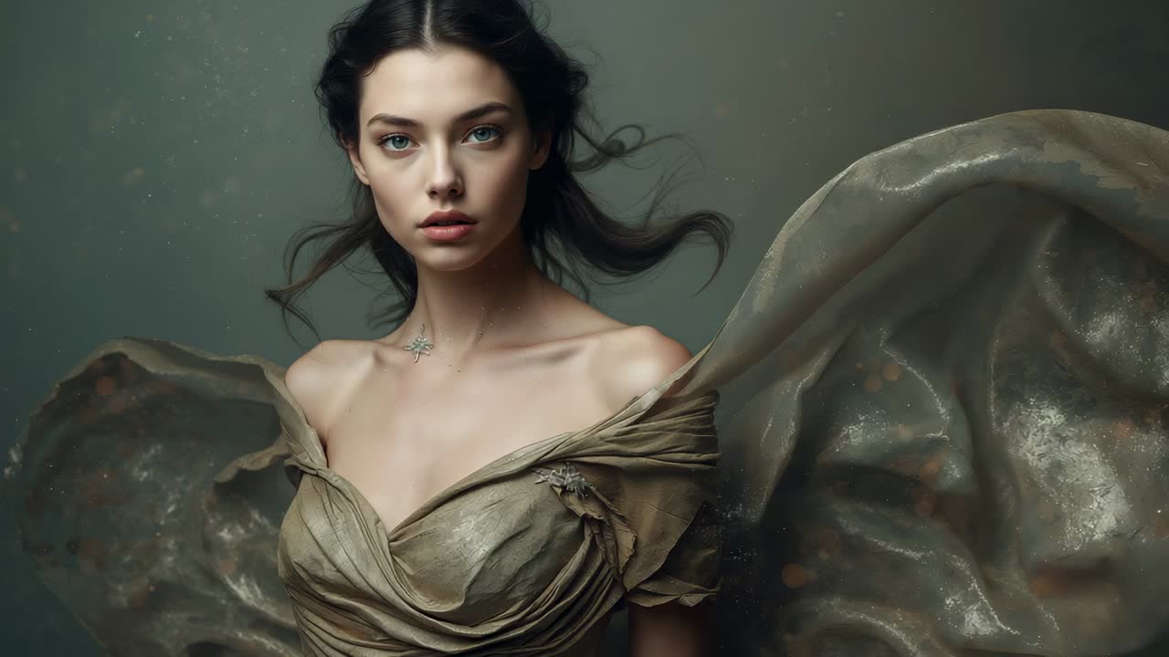Posing woman tilting head in studio, gown rippling from fan to animate portrait, star pendant
