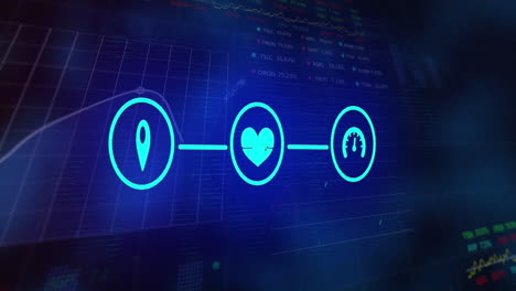 animación de iconos y procesamiento de datos financieros.