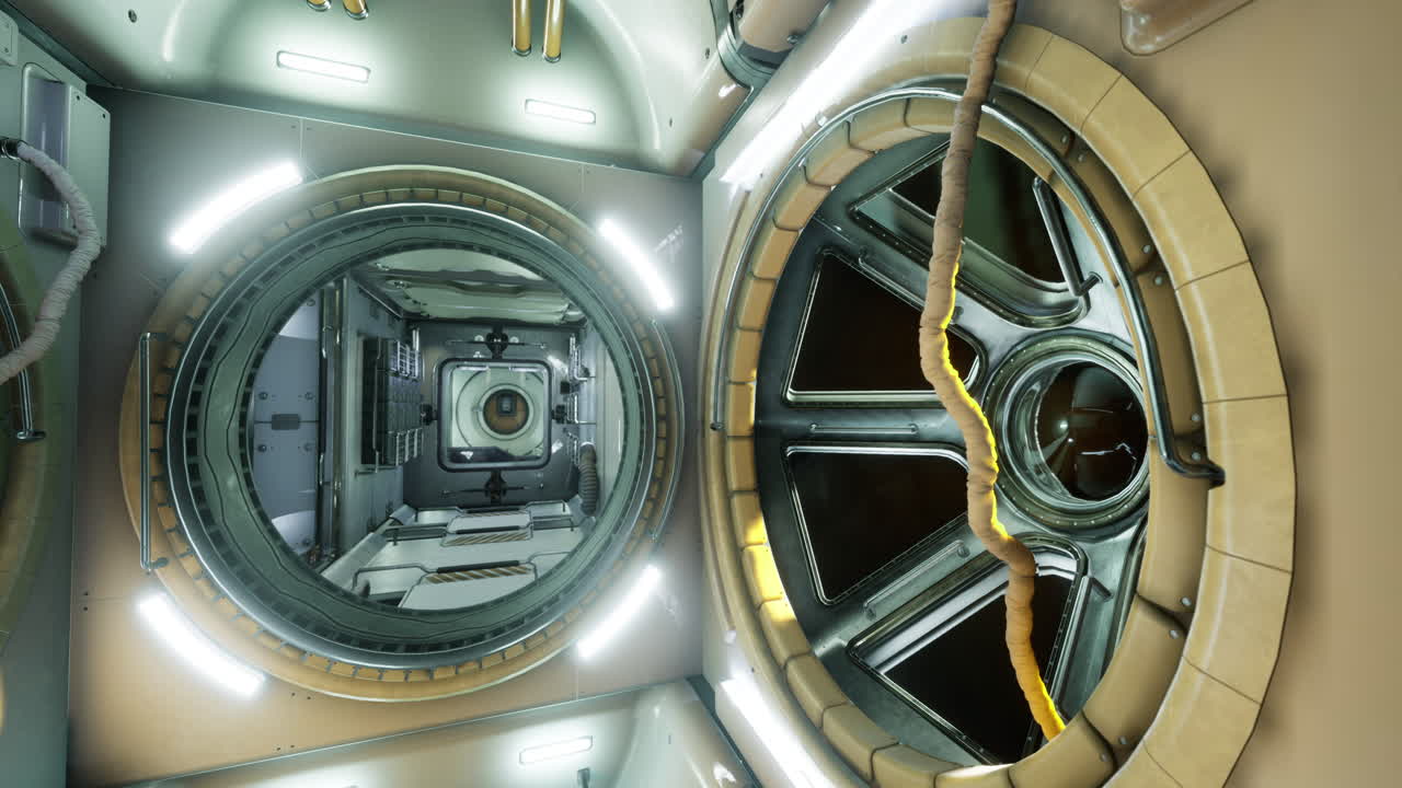 Exploring the futuristic interior of a space station module in deep space