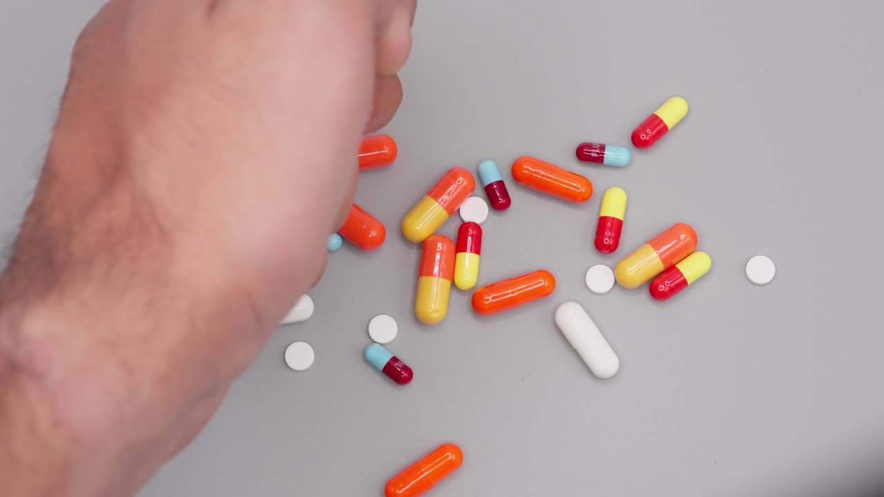 SLOW MOTION SHOT DI UNA MANO CHE RACCOGLIE PILLOLE COLORATE DA UN TAVOLO GRIGIO
