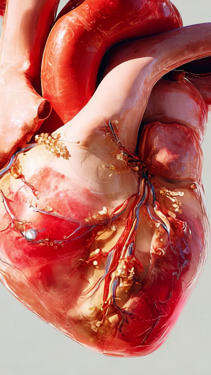 Rendering dettagliato di un cuore umano che evidenzia le strutture anatomiche e i vasi sanguigni, mostrando la complessità e la bellezza del sistema cardiovascolare