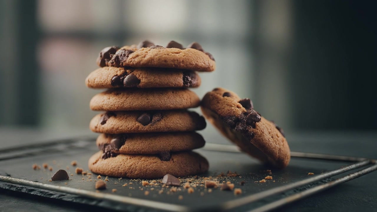 Stabel med nybakte chocolate chip-cookies på et stekebrett