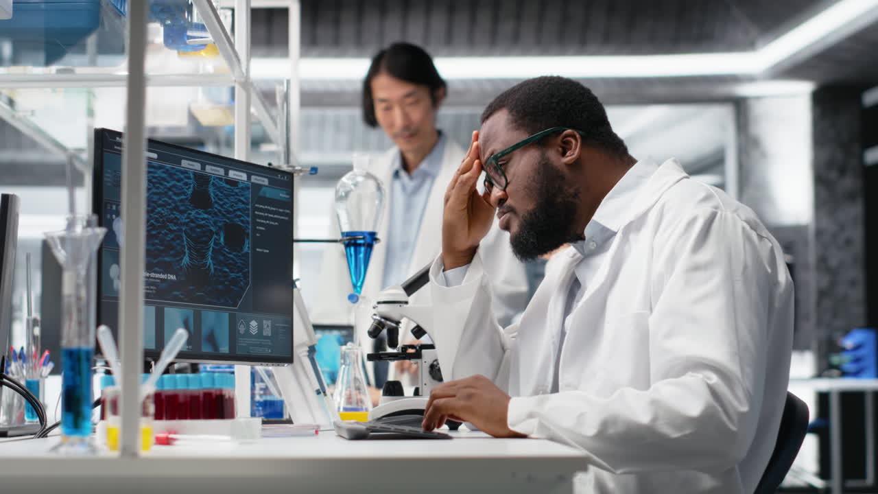 Vertical video Laboratory scientist squinting eyes at computer monitor, thinking
