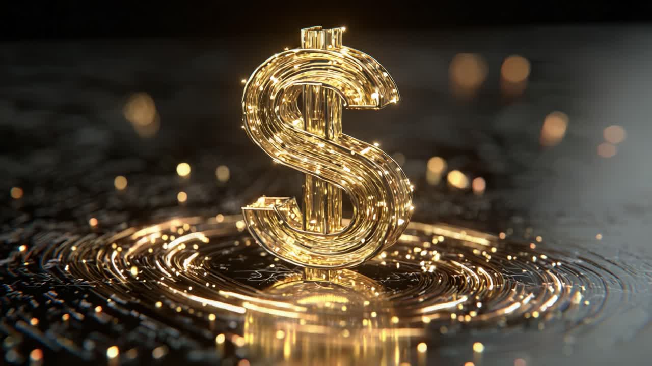 Shiny gold dollar sign made of glowing fiber optic wires standing on a reflective surface, representing global finance, digital currency, and economic growth with beautiful light refractions