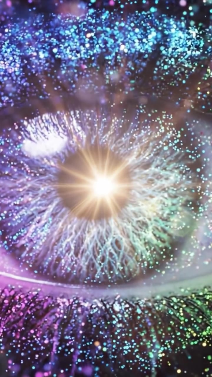 Transizione ipnotizzante da un'esplosione di particelle colorate a un occhio brillante e scintillante, catturando l'essenza della creatività e dell'immaginazione in un viaggio visivo mozzafiato.