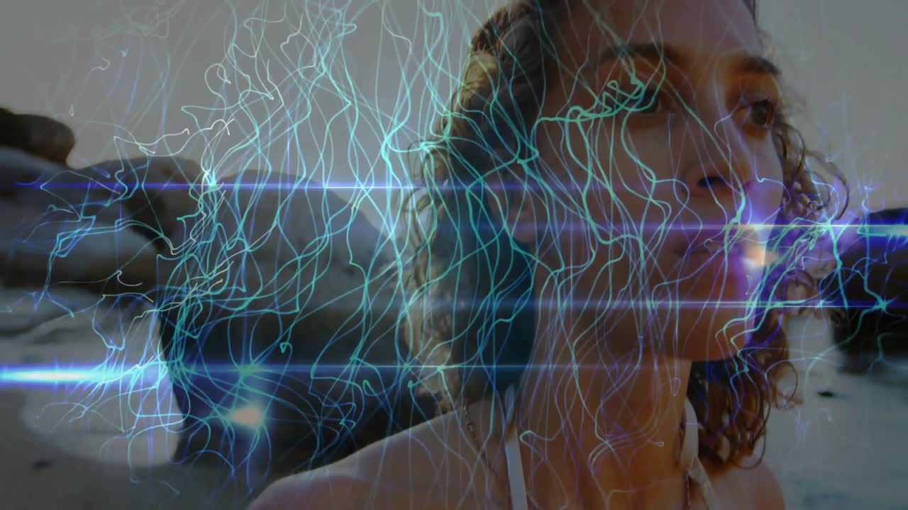 Sunset light initiating blue-green strands weaving around woman profile on shoreline in technology