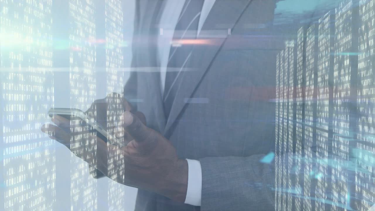 Businessman steadying phone and tapping screen, causing data columns and teal charts reviewing data