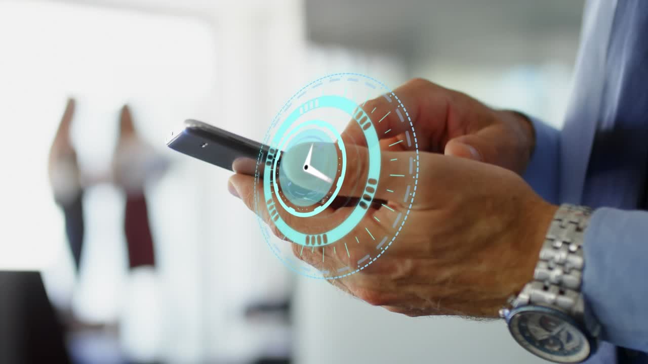 Animation of moving clock over caucasian businessman using smartphone