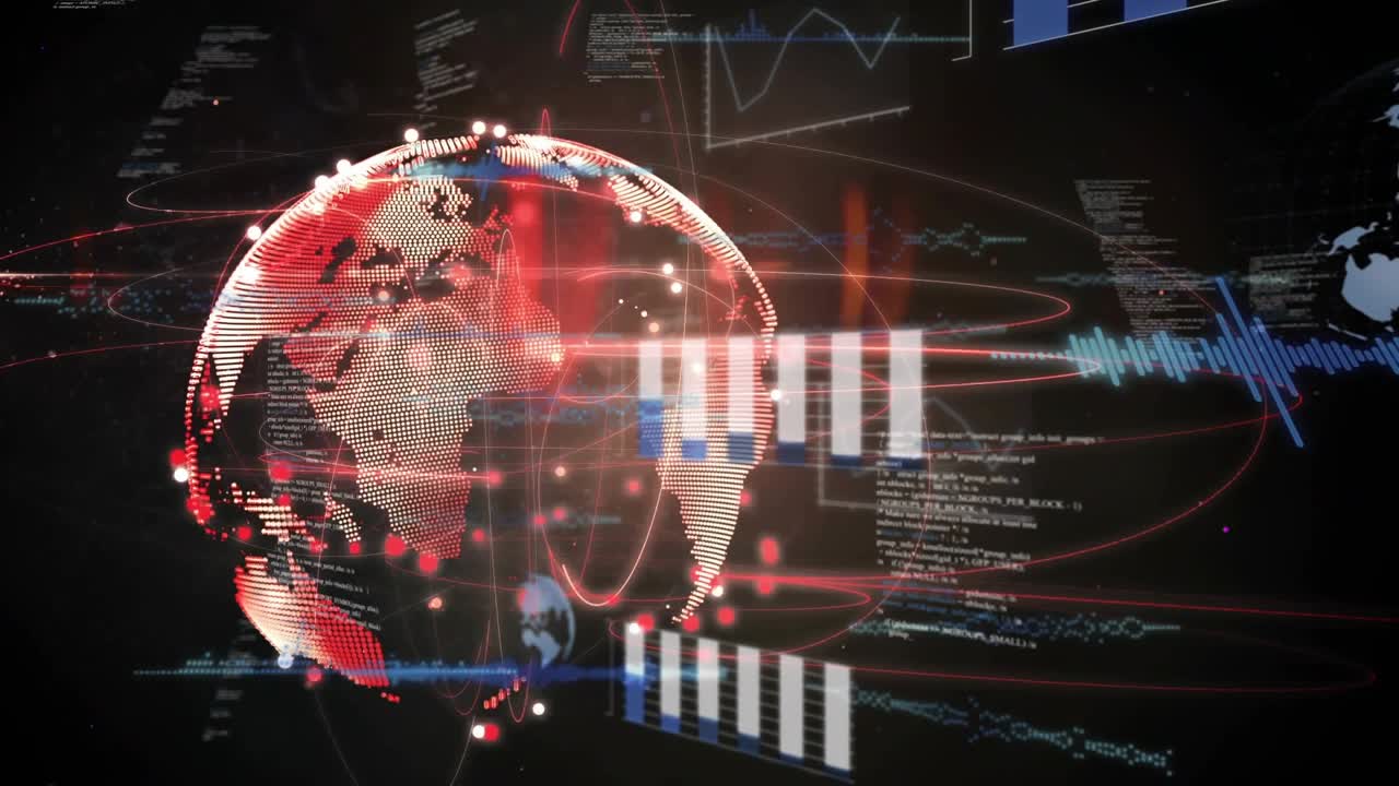 Data pulse starting dotted globe rotating while HUD bars and waves animating to show network data