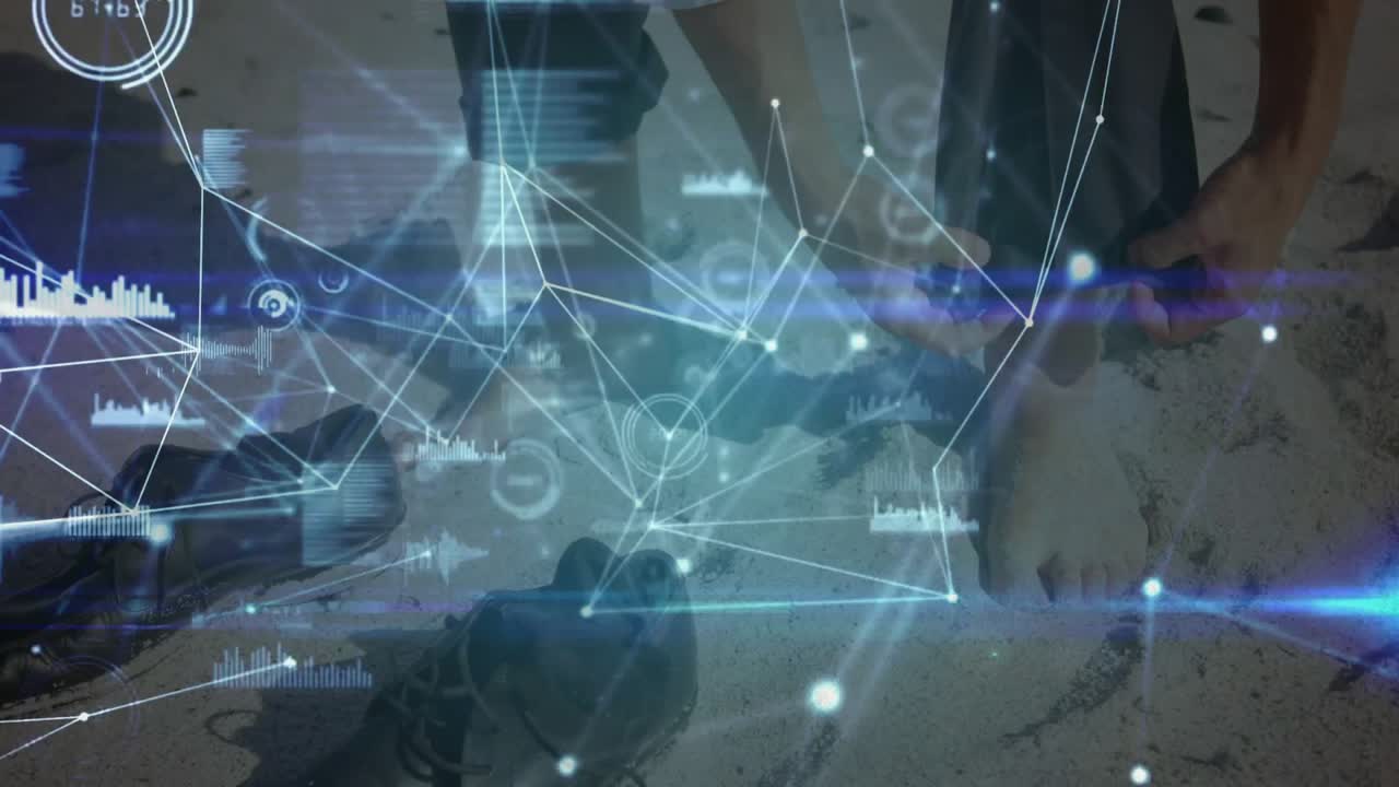 Infant shifting leg and crawling between boots on dusty ground with AR network analyzing movement