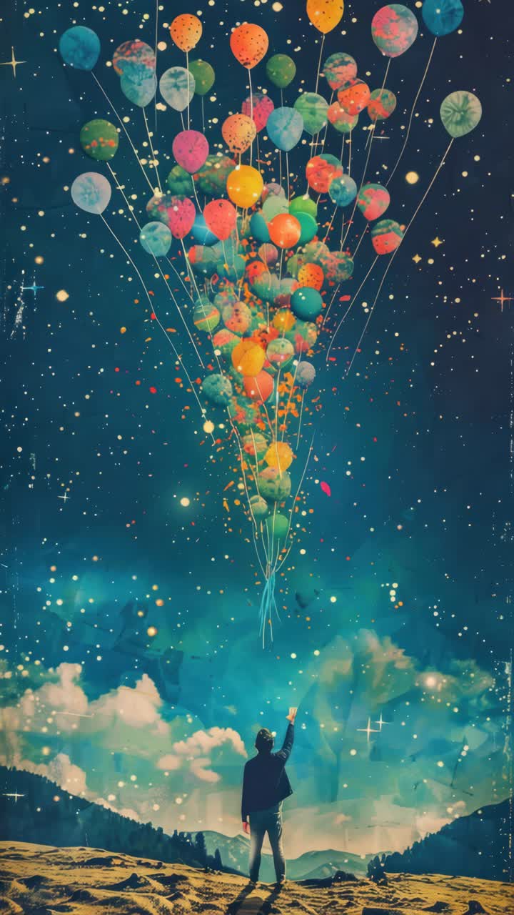 A person reaches for colorful balloons floating into a starry sky