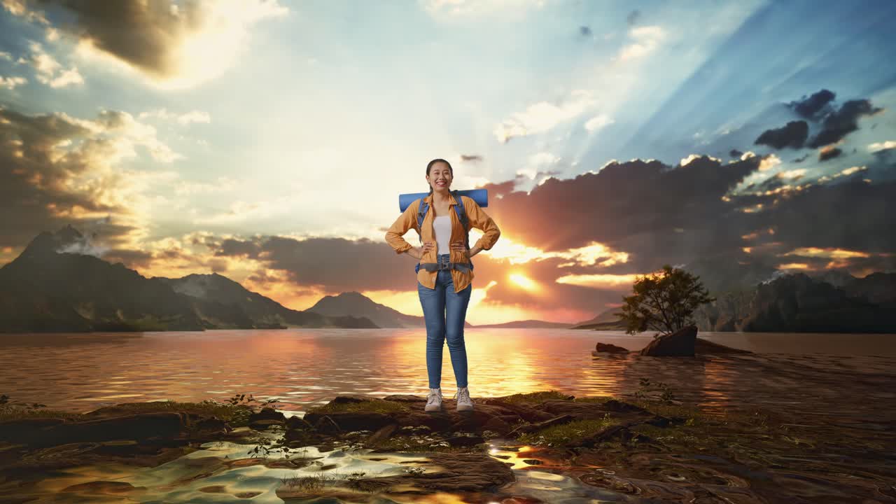 cuerpo lleno de excursionista femenina asiática con mochila de montañismo sonriendo y posando brazos akimbo mientras está de pie en un lago durante la hora del atardecer