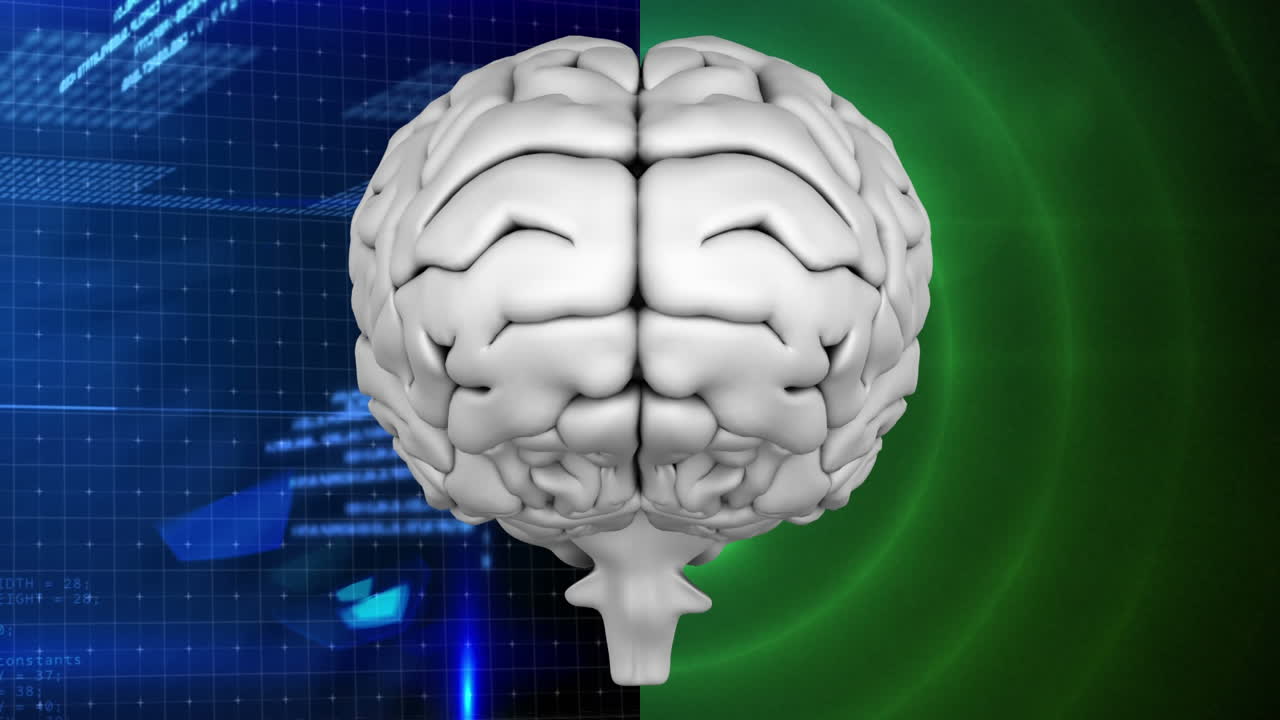 animación de la parte superior del cerebro contra un tablero de instrumentos y un círculo parpadeante