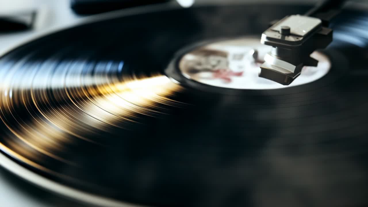 Powering deck in studio spinning vinyl record on platter for playing music tonearm stylus tracking