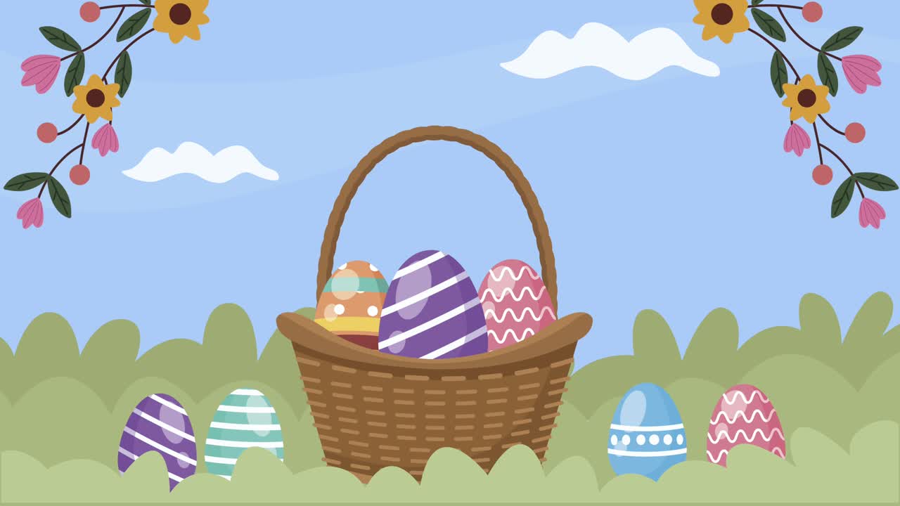 easter animation with eggs painted in basket and flowers