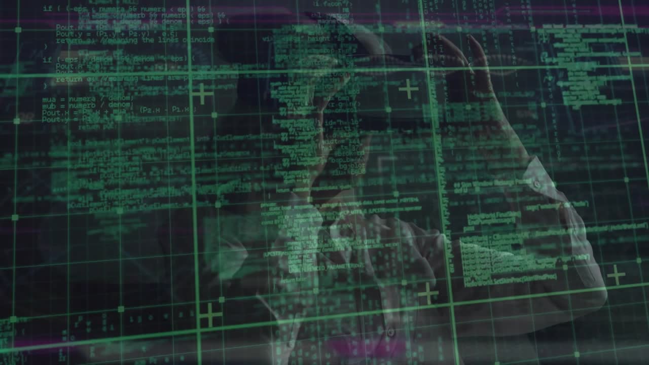 Mature adult woman adjusting VR headset and swiping holographic code grid for tech data analysis