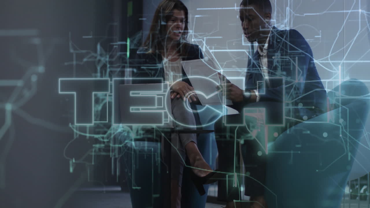 In office, business professionals discussing documents with digital tech network overlay