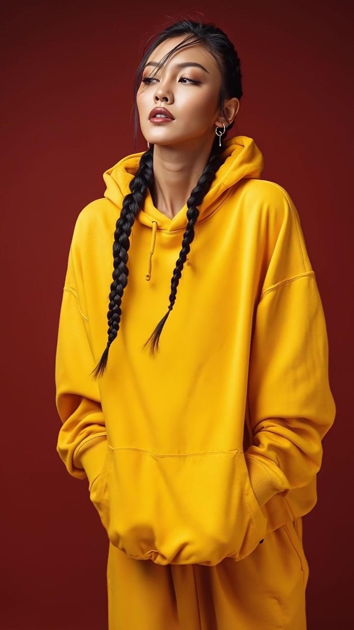 Eine modische junge Frau in einem gelben Oversize-Hoodie posiert vor einem roten Hintergrund.