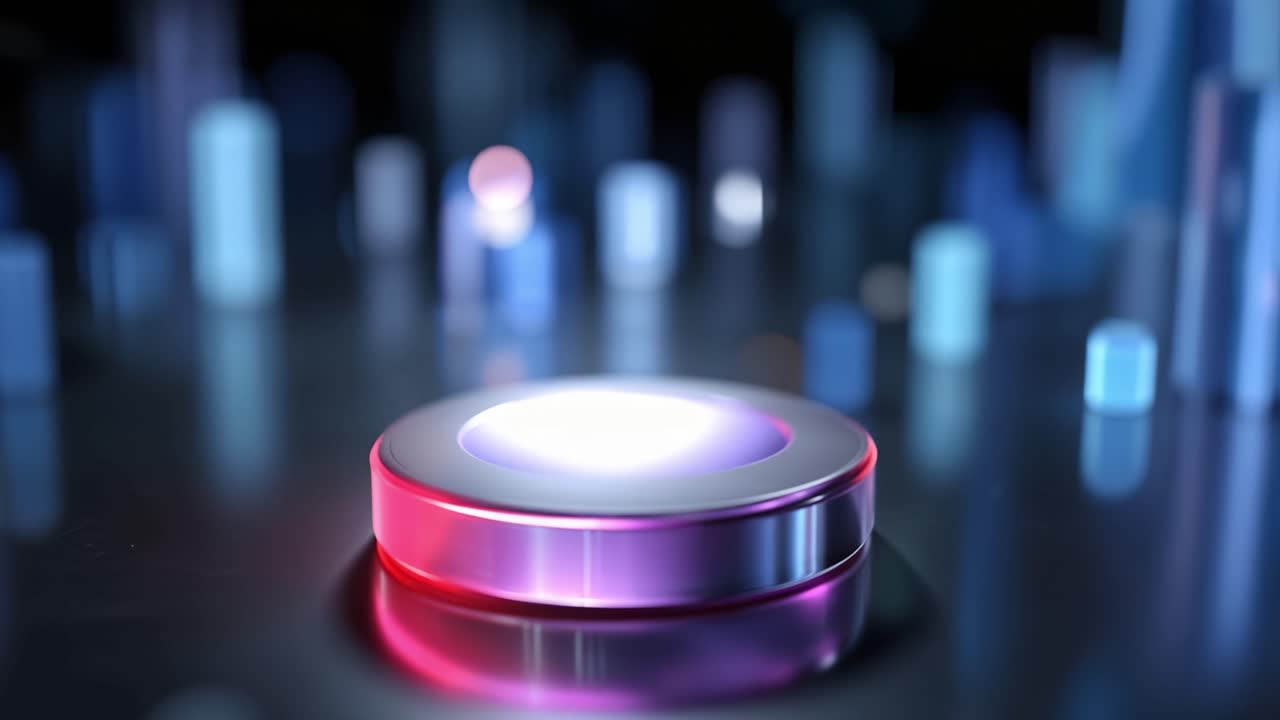 Futuristisk metallisk podie med glødende neonlyseffekter