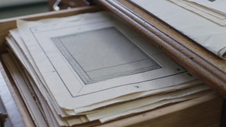 Pulling unseen hand opening brass-handled drawer in study, revealing stacked prints for review
