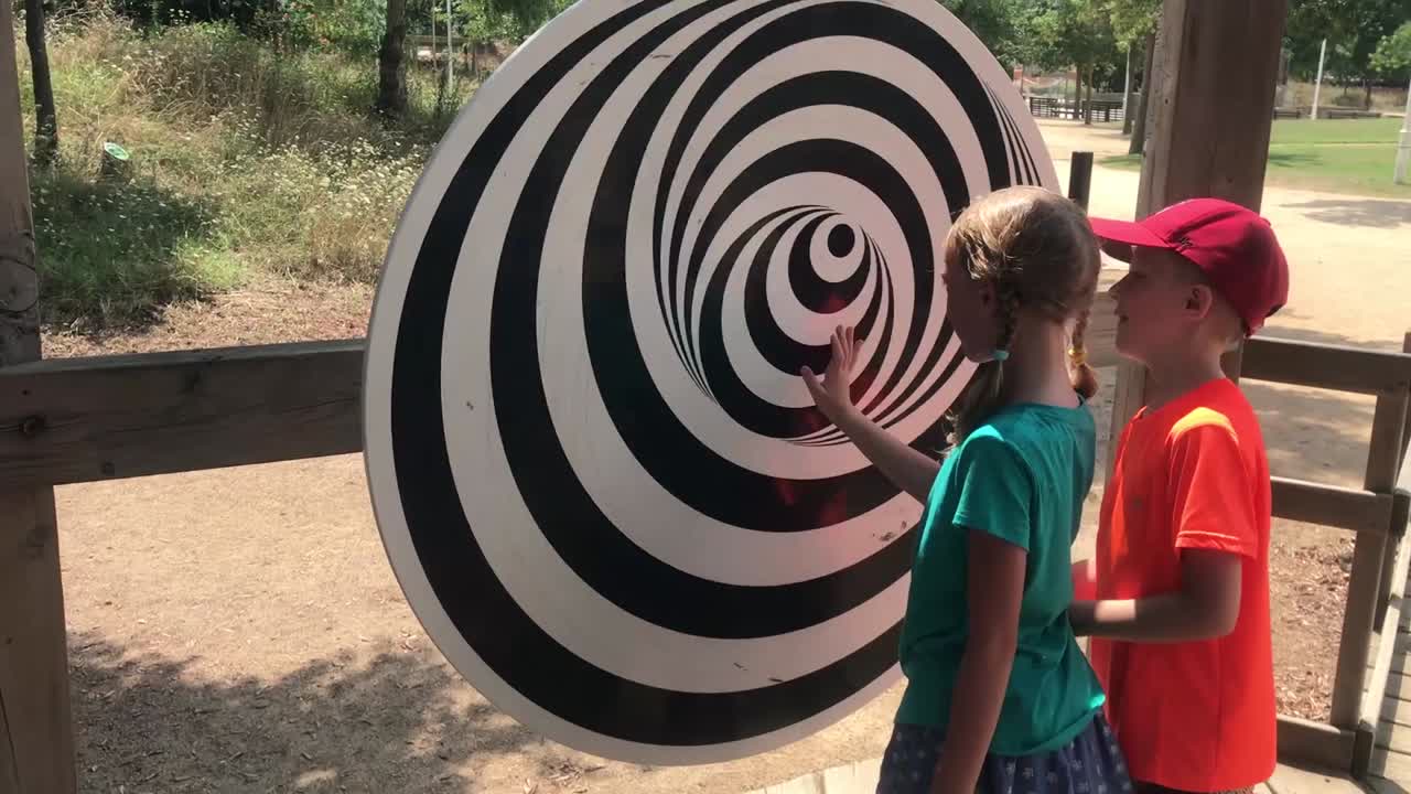 A boy and a girl playing with illusion spinning wheel in children's playground. Summer day.