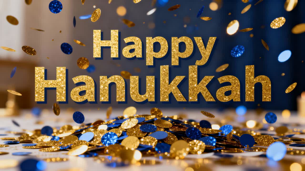 Shimmering gold Happy Hanukkah sign shining on table as blue and gold confetti falling for Hanukkah