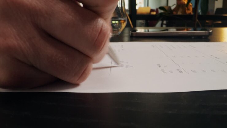 Signing a document in a cafe