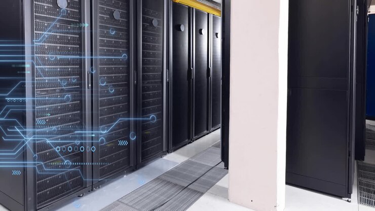 Animation of glowing motherboard over computer server room