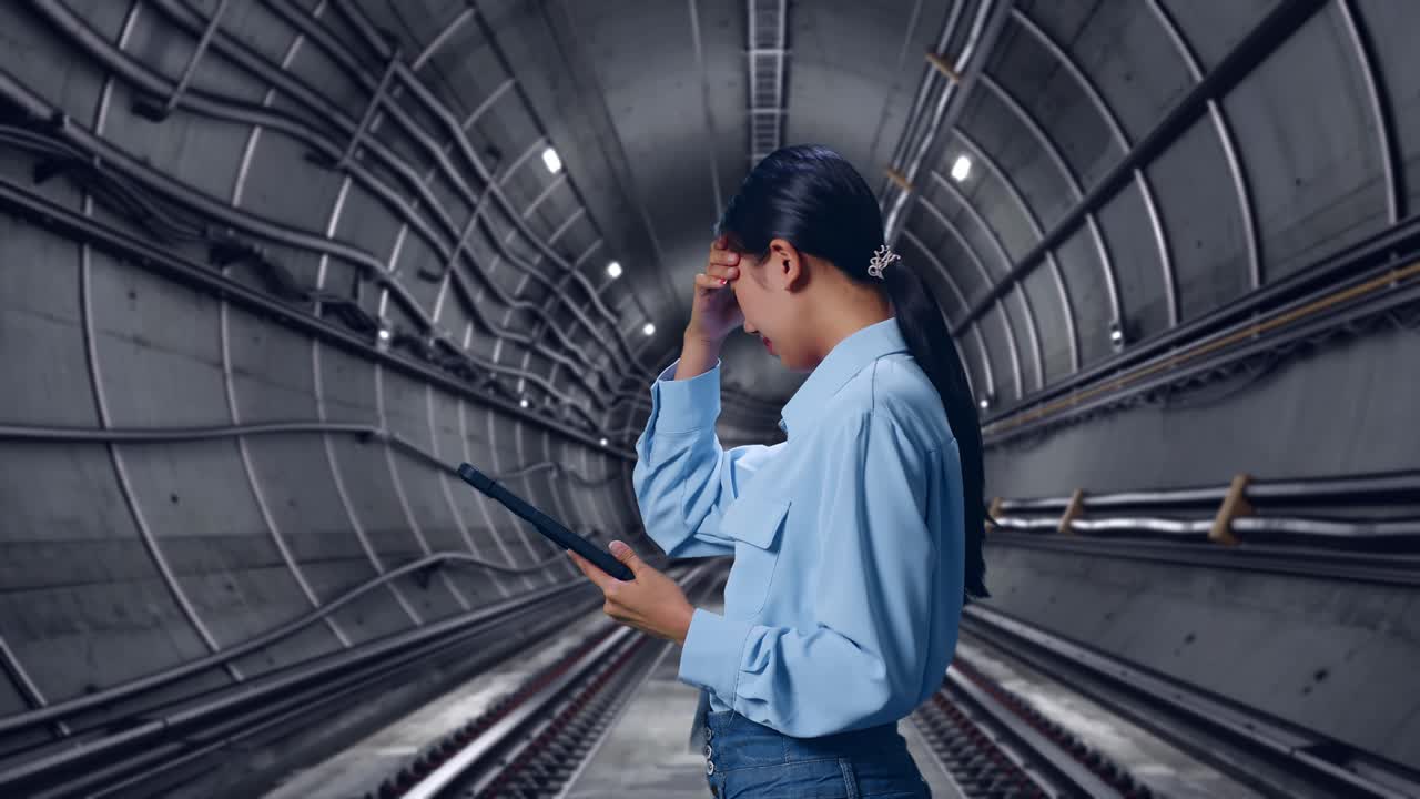 Side View Of Asian Female With Her Tablet In Underground Subway Tunnel, Checking With Dissapionted And Nodding Her Shead