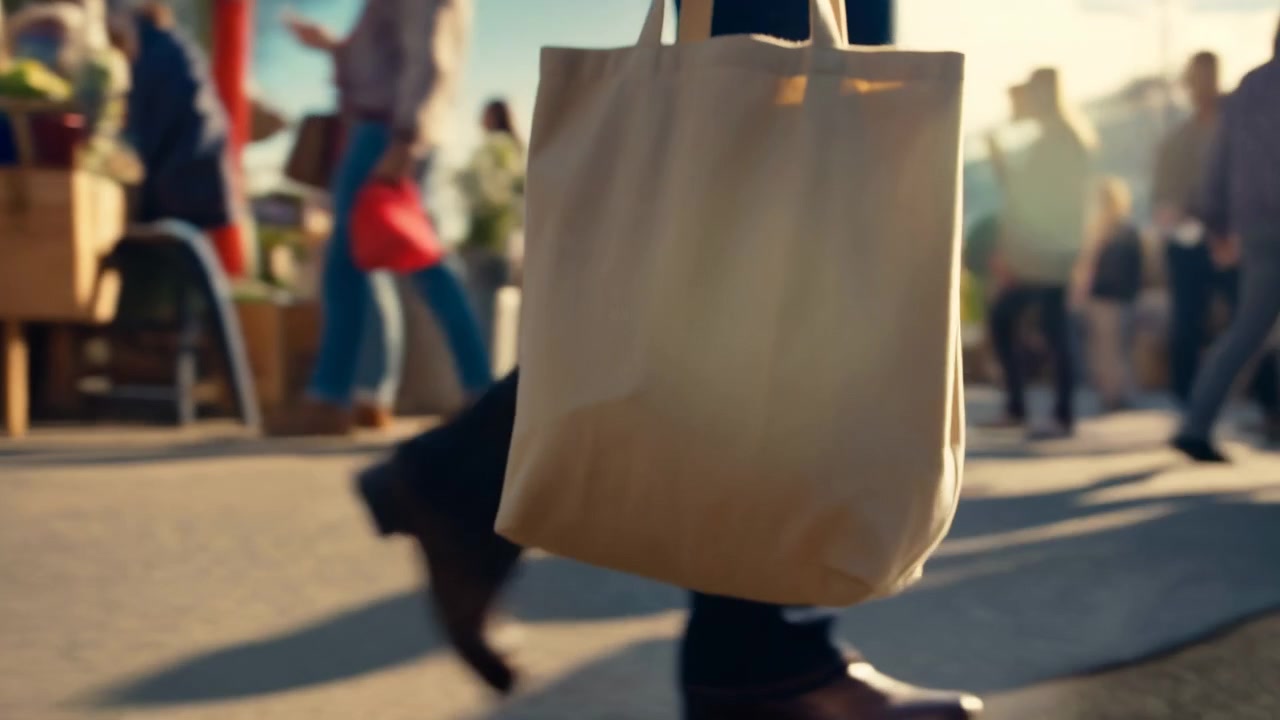Escena de movimiento a nivel de calle mostrando piernas, un bolso de lona beige y un paso hacia adelante a través de un mercado al aire libre, con luz cálida, puestos coloridos y un suave desenfoque de fondo, con bolso, bolsa, lona, mercado.