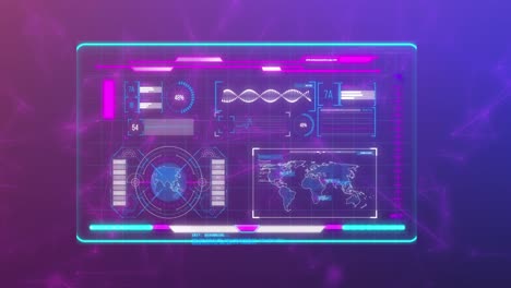 animation of data processing and network of connections on purple background