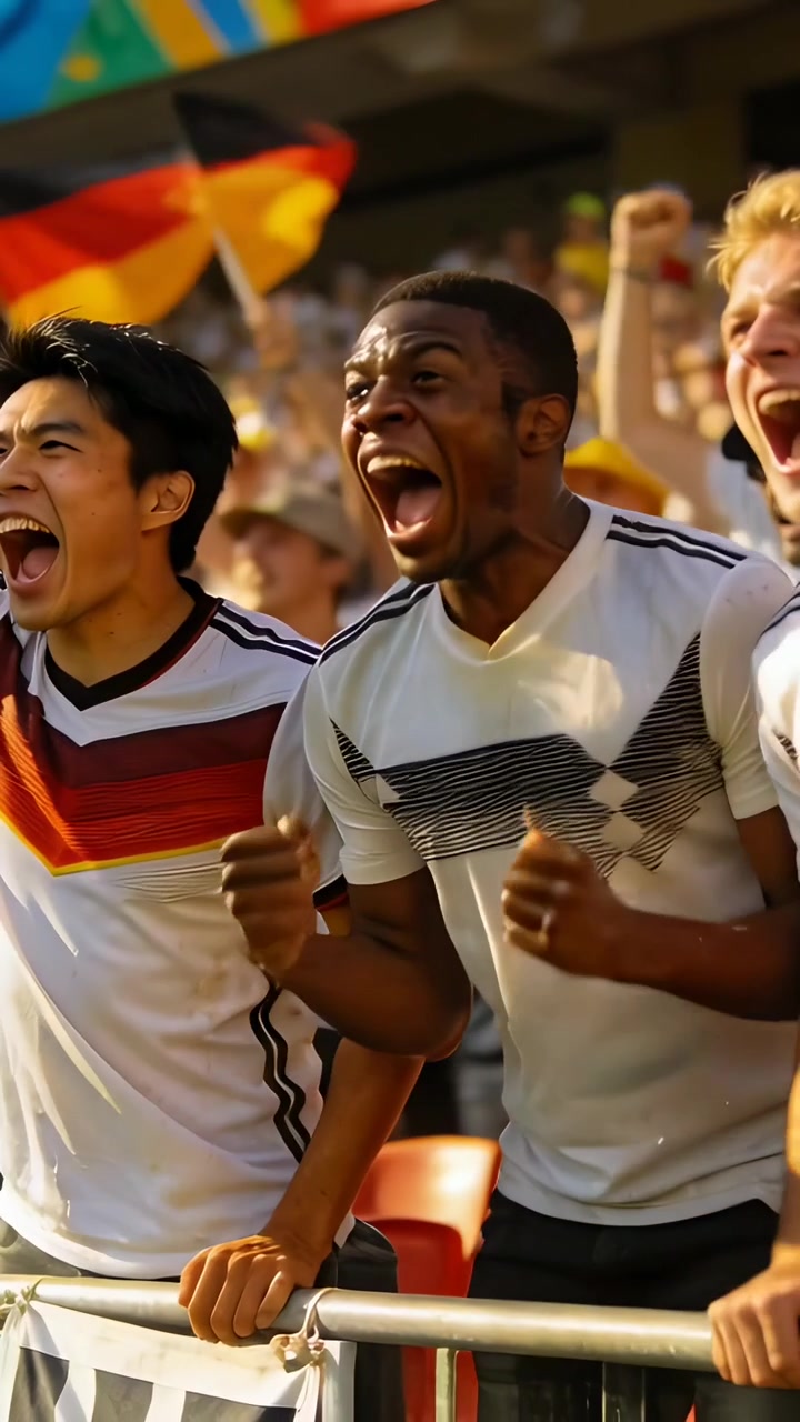 Video vertical: Tres aficionados en el estadio con camisetas gritando y apoyados en la barandilla después de una jugada del equipo