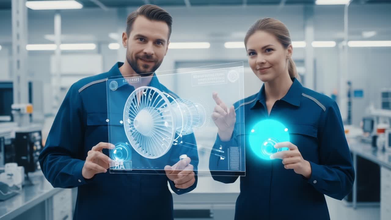 Engineers Collaborating with Advanced Technology: An Insightful Interaction with Digital Models and Innovations in a Modern Laboratory Setting