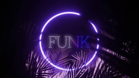 Animation-of-funk-text-and-hexagon-in-blue-neon,-with-palm-leaves-on-black-background